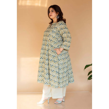 The Indian Ethnic Co. Malika Off White Ajrakh Cotton Kali Kurta with Embroidery