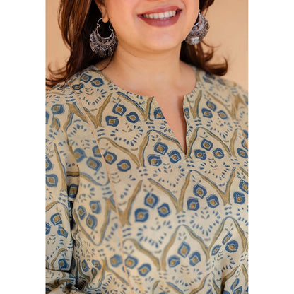 The Indian Ethnic Co. Malika Off White Ajrakh Cotton Kali Kurta with Embroidery