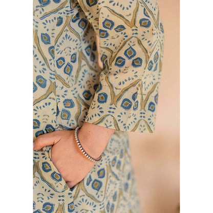 The Indian Ethnic Co. Malika Off White Ajrakh Cotton Kali Kurta with Embroidery