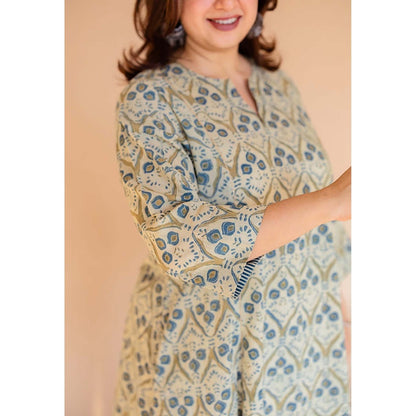 The Indian Ethnic Co. Malika Off White Ajrakh Cotton Kali Kurta with Embroidery