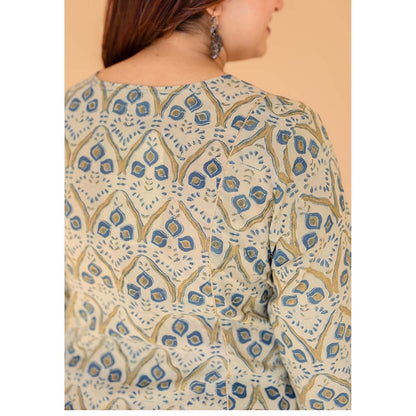 The Indian Ethnic Co. Malika Off White Ajrakh Cotton Kali Kurta with Embroidery