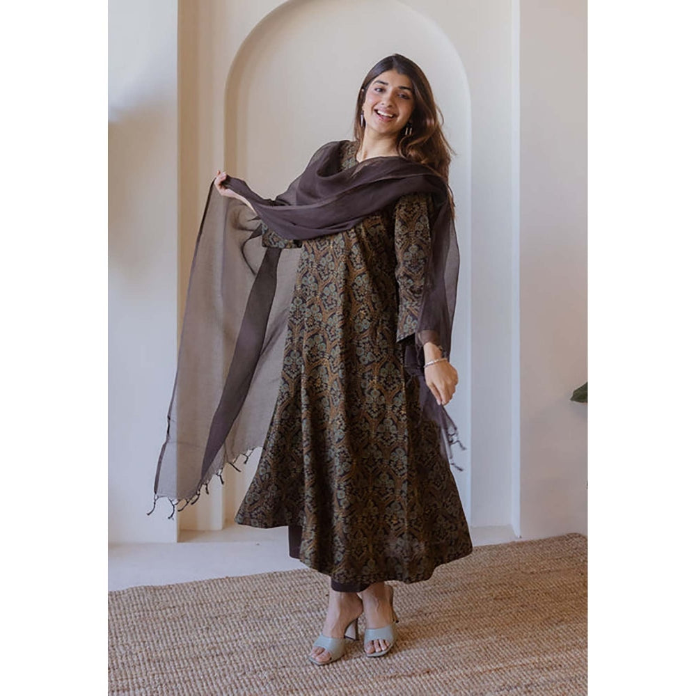 The Indian Ethnic Co. Nyra Brown Ajrakh Cotton Jhabba Kali Kurta