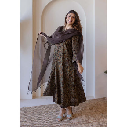The Indian Ethnic Co. Nyra Brown Ajrakh Cotton Jhabba Kali Kurta