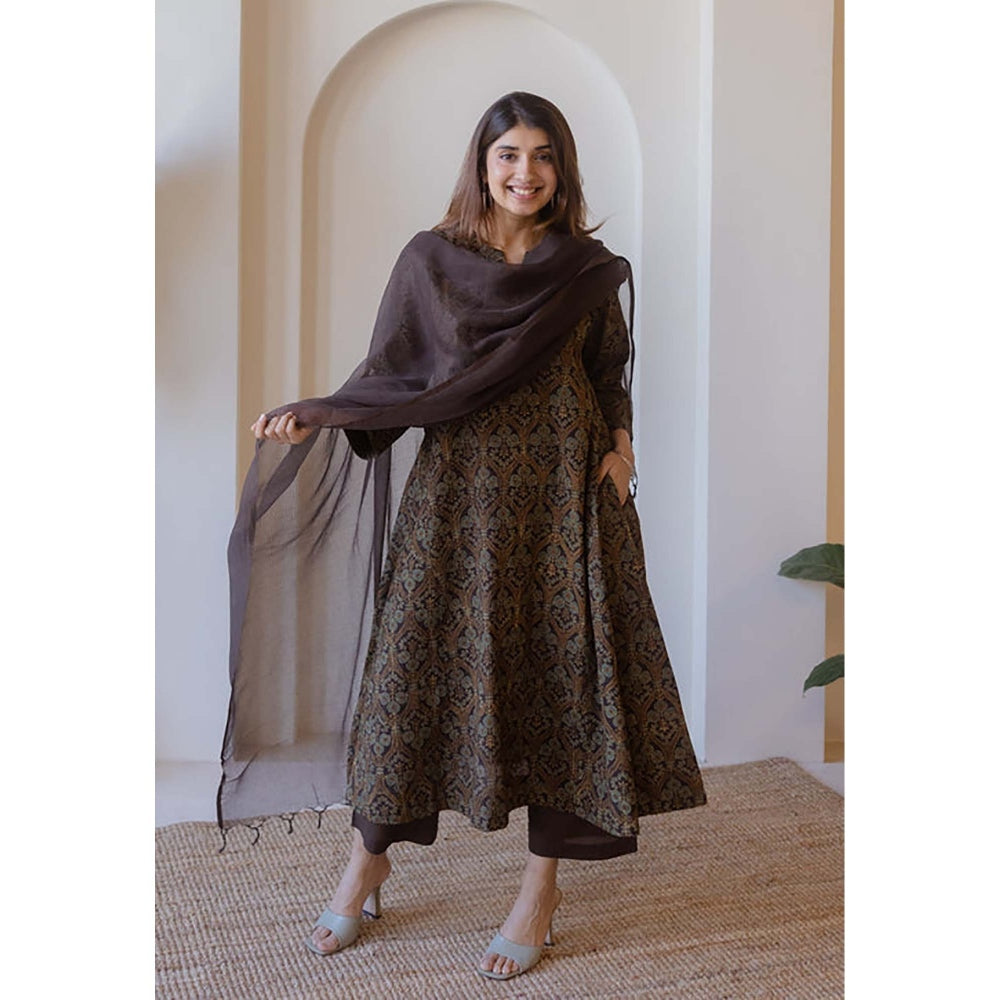 The Indian Ethnic Co. Nyra Brown Ajrakh Cotton Jhabba Kali Kurta
