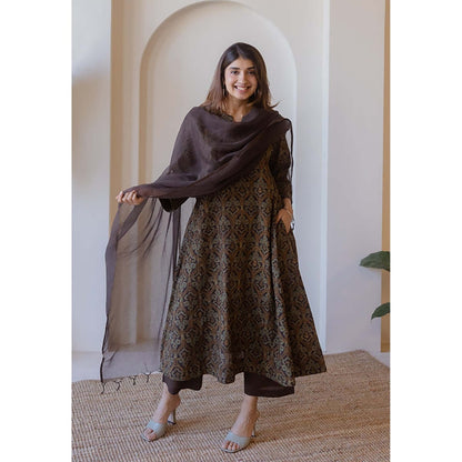 The Indian Ethnic Co. Nyra Brown Ajrakh Cotton Jhabba Kali Kurta