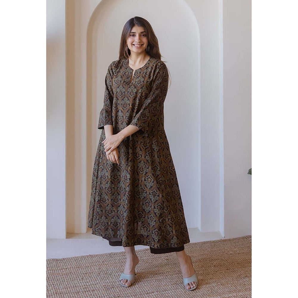 The Indian Ethnic Co. Nyra Brown Ajrakh Cotton Jhabba Kali Kurta