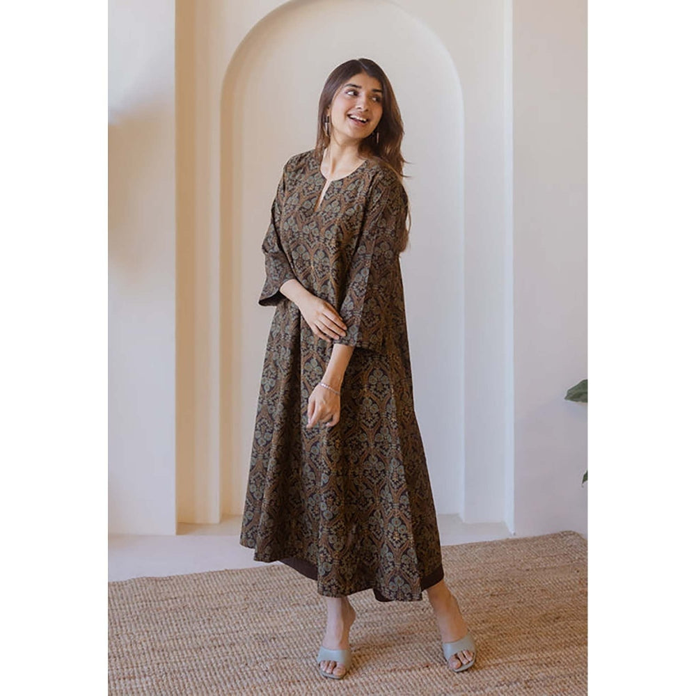 The Indian Ethnic Co. Nyra Brown Ajrakh Cotton Jhabba Kali Kurta