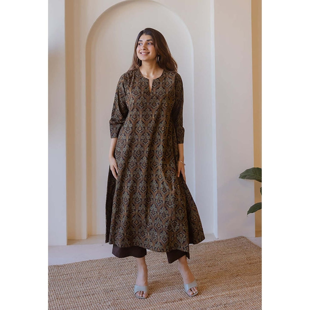 The Indian Ethnic Co. Nyra Brown Ajrakh Cotton Jhabba Kali Kurta