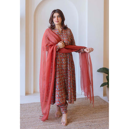 The Indian Ethnic Co. Shinat Red Ajrakh Cotton Kali Kurta With Hand Embroidery