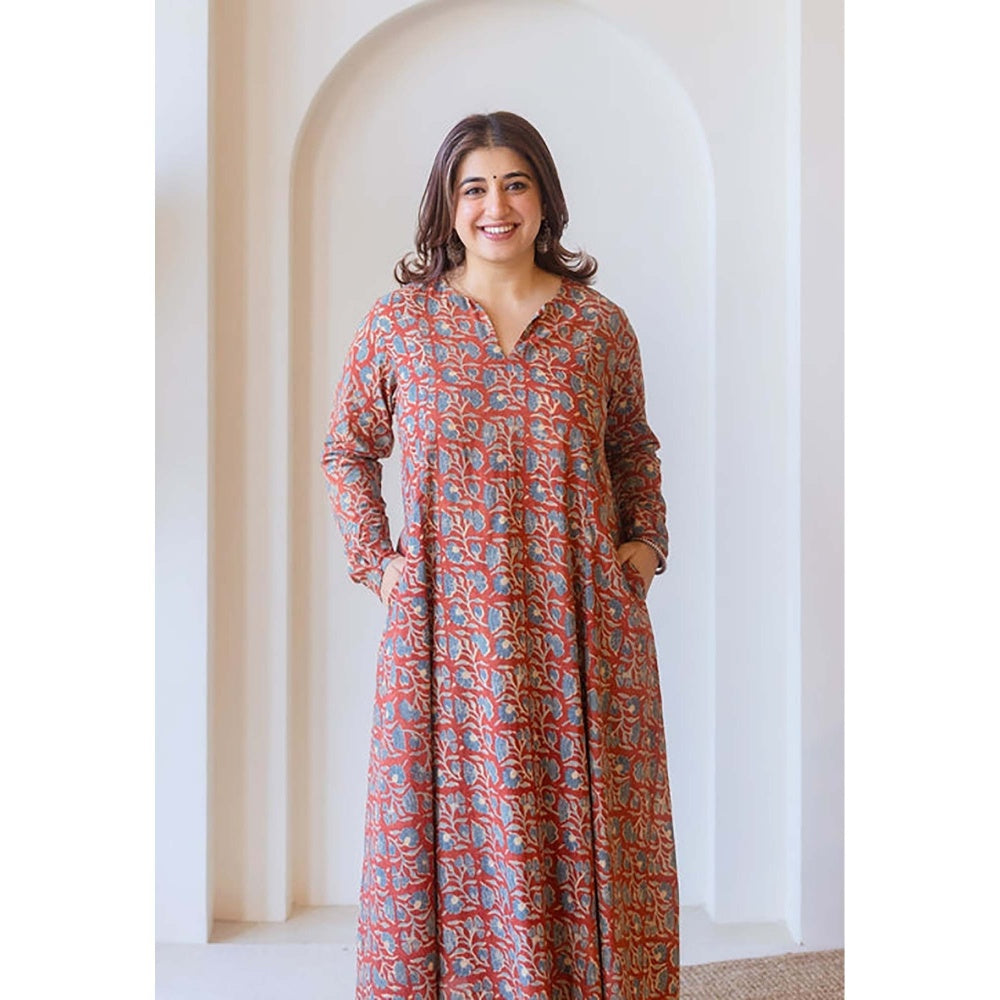 The Indian Ethnic Co. Shinat Red Ajrakh Cotton Kali Kurta With Hand Embroidery