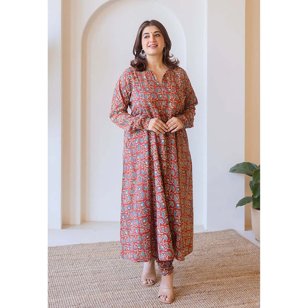 The Indian Ethnic Co. Shinat Red Ajrakh Cotton Kali Kurta With Hand Embroidery