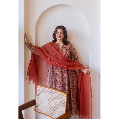 The Indian Ethnic Co. Shinat Red Ajrakh Cotton Kali Kurta With Hand Embroidery