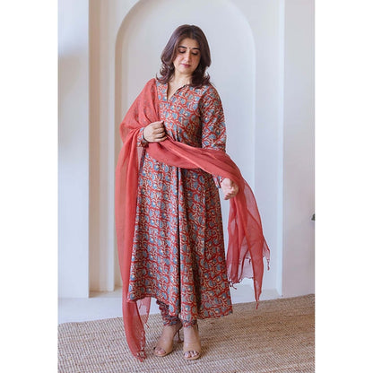 The Indian Ethnic Co. Shinat Red Ajrakh Cotton Kali Kurta With Hand Embroidery