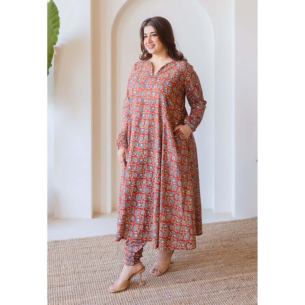 The Indian Ethnic Co. Shinat Red Ajrakh Cotton Kali Kurta With Hand Embroidery
