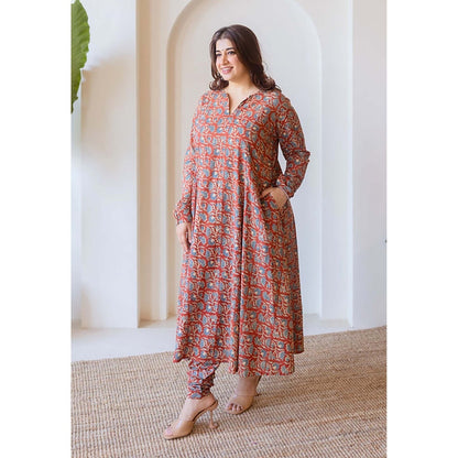 The Indian Ethnic Co. Shinat Red Ajrakh Cotton Kali Kurta With Hand Embroidery
