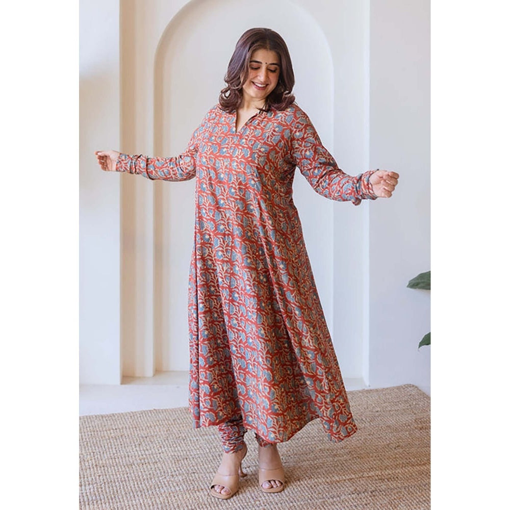 The Indian Ethnic Co. Shinat Red Ajrakh Cotton Kali Kurta With Hand Embroidery