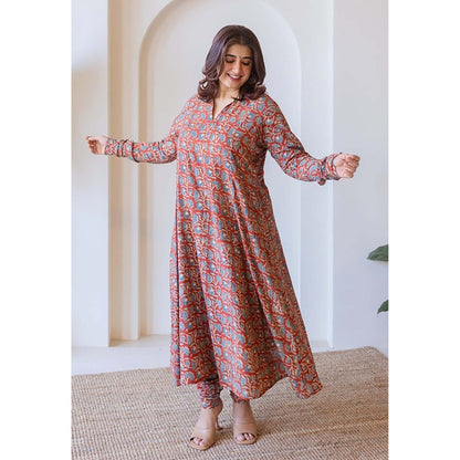 The Indian Ethnic Co. Shinat Red Ajrakh Cotton Kali Kurta With Hand Embroidery