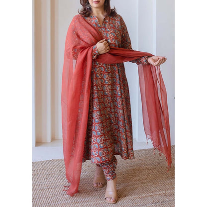 The Indian Ethnic Co. Shinat Red Ajrakh Cotton Kali Kurta With Hand Embroidery
