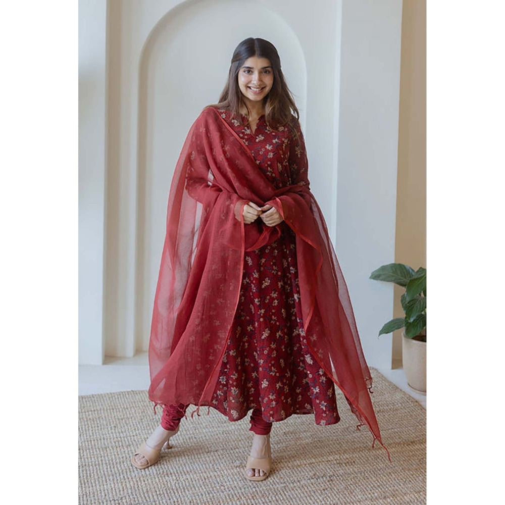 The Indian Ethnic Co. Shinat Red Ajrakh Cotton Kali Kurta With Hand Embroidery