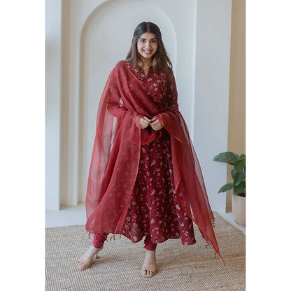 The Indian Ethnic Co. Shinat Red Ajrakh Cotton Kali Kurta With Hand Embroidery