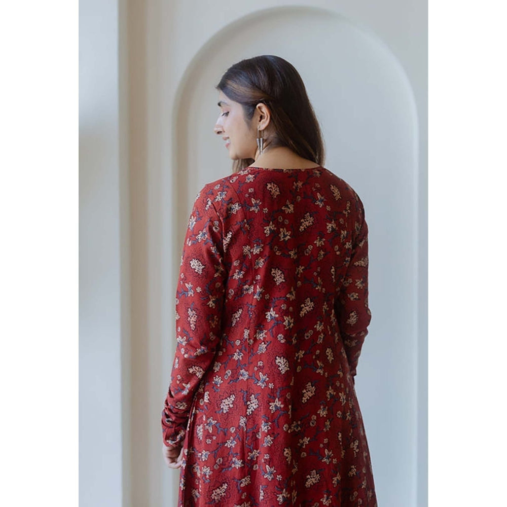 The Indian Ethnic Co. Shinat Red Ajrakh Cotton Kali Kurta With Hand Embroidery