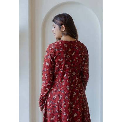 The Indian Ethnic Co. Shinat Red Ajrakh Cotton Kali Kurta With Hand Embroidery