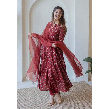 The Indian Ethnic Co. Shinat Red Ajrakh Cotton Kali Kurta With Hand Embroidery