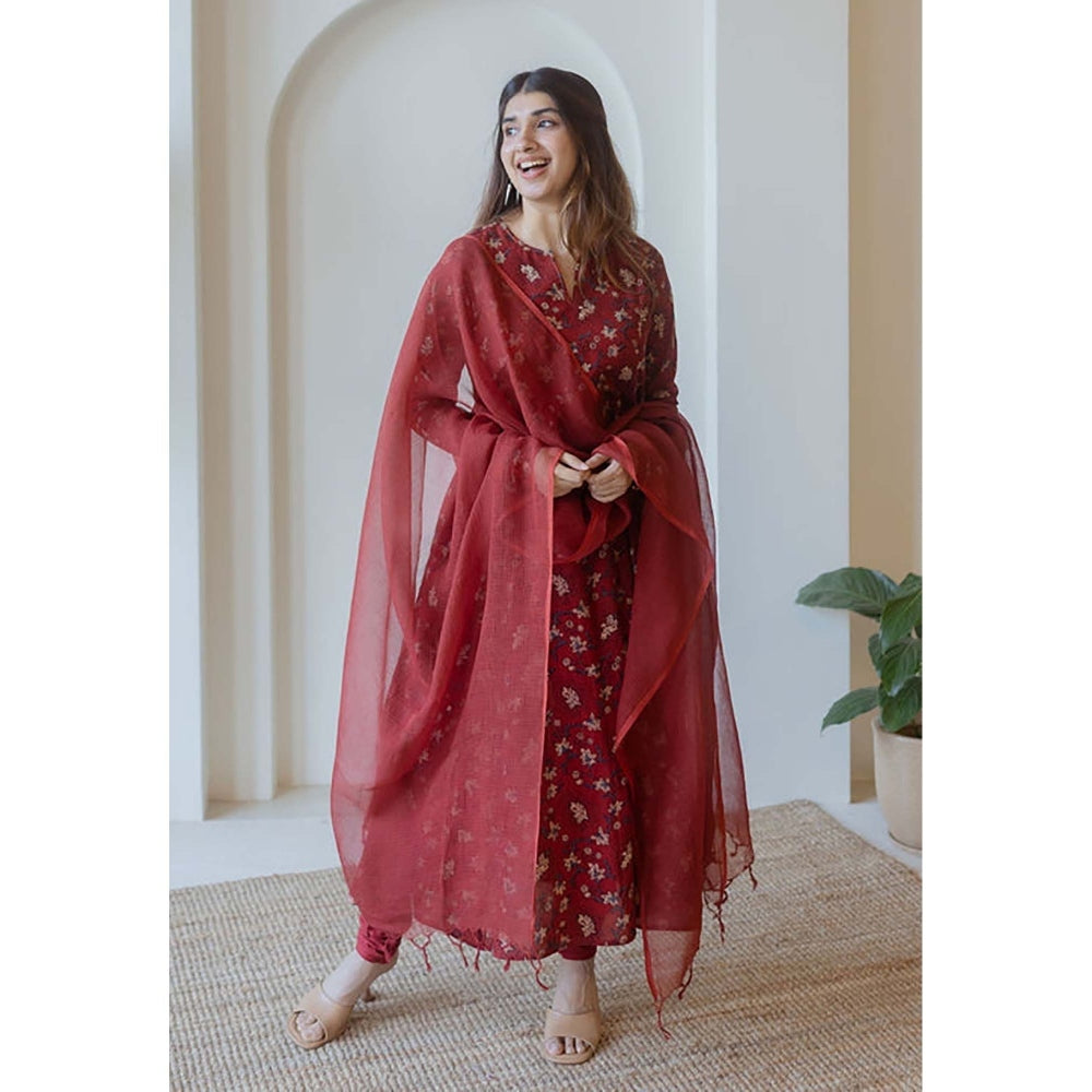 The Indian Ethnic Co. Shinat Red Ajrakh Cotton Kali Kurta With Hand Embroidery