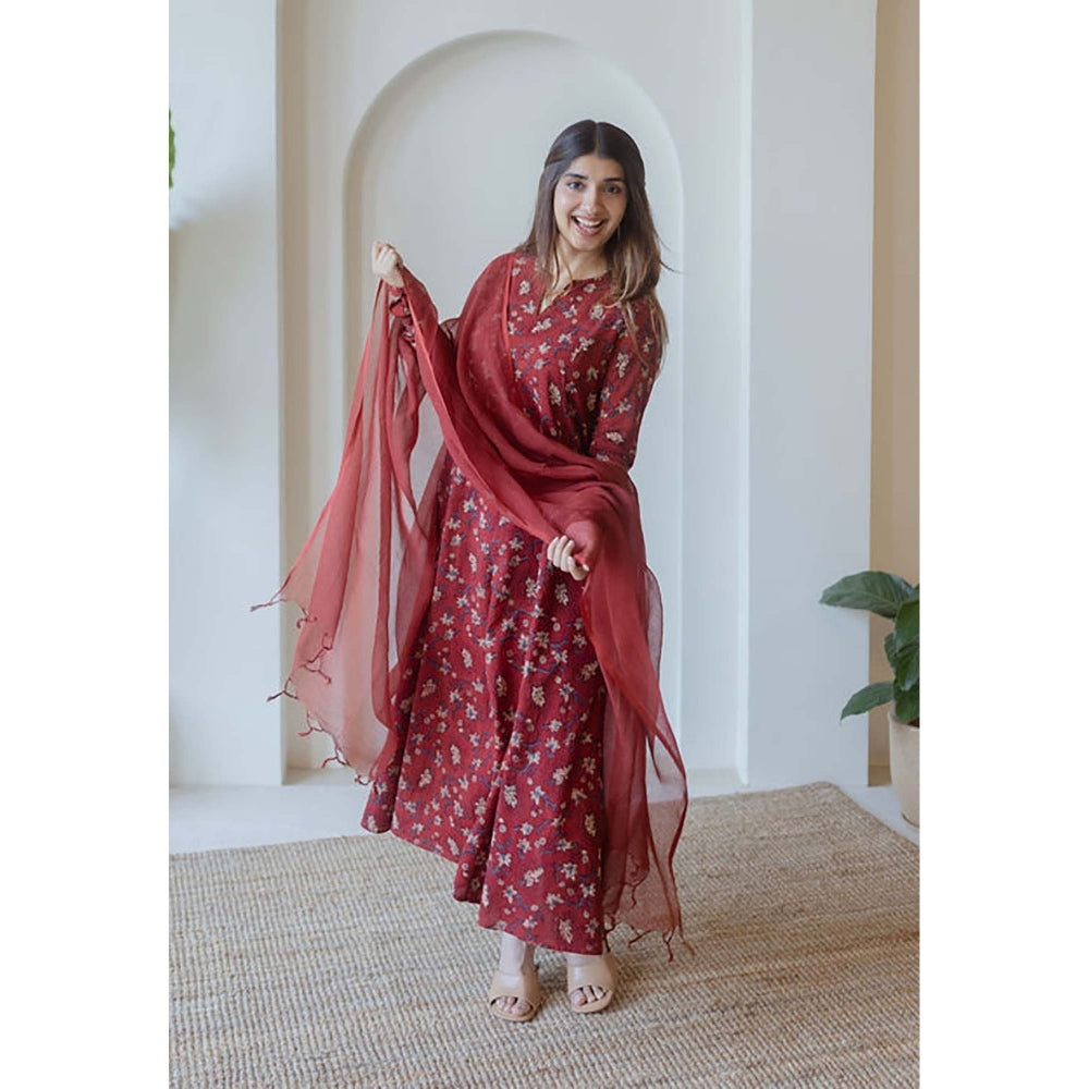 The Indian Ethnic Co. Shinat Red Ajrakh Cotton Kali Kurta With Hand Embroidery