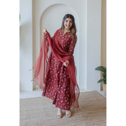 The Indian Ethnic Co. Shinat Red Ajrakh Cotton Kali Kurta With Hand Embroidery