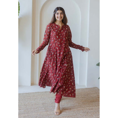 The Indian Ethnic Co. Shinat Red Ajrakh Cotton Kali Kurta With Hand Embroidery