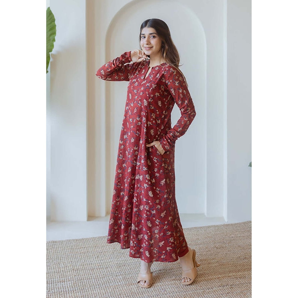 The Indian Ethnic Co. Shinat Red Ajrakh Cotton Kali Kurta With Hand Embroidery