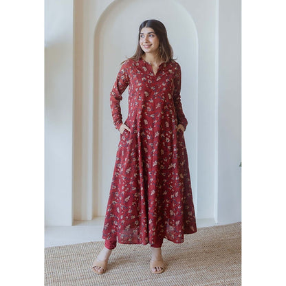 The Indian Ethnic Co. Shinat Red Ajrakh Cotton Kali Kurta With Hand Embroidery