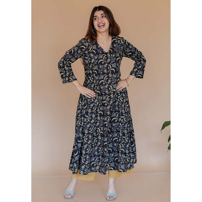The Indian Ethnic Co. Shruti Black Ajrakh Cotton Kali Kurta