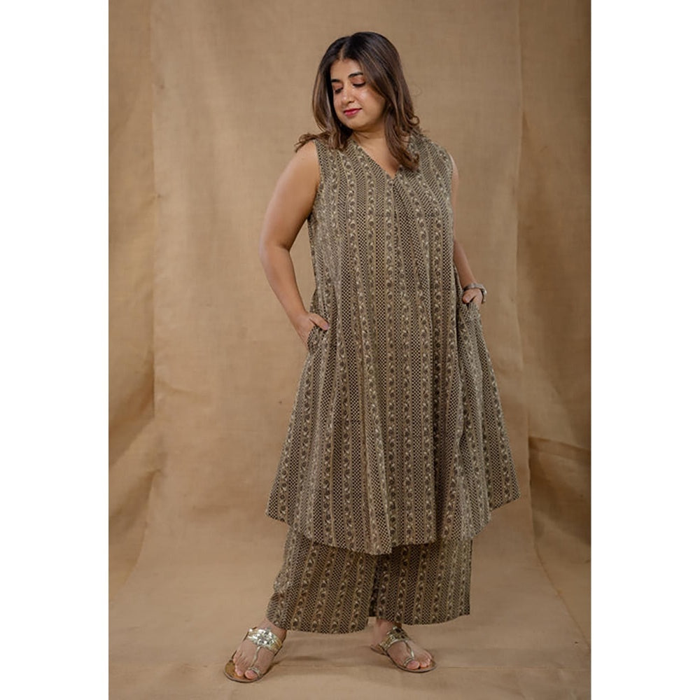 The Indian Ethnic Co. Raahi Grey Ajrakh Cotton A Line Kurta And Palazzo Co-Ord Set
