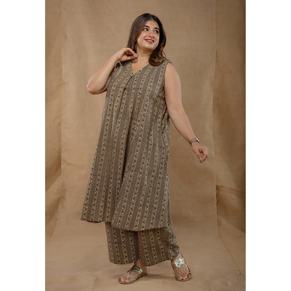 The Indian Ethnic Co. Raahi Grey Ajrakh Cotton A Line Kurta And Palazzo Co-Ord Set