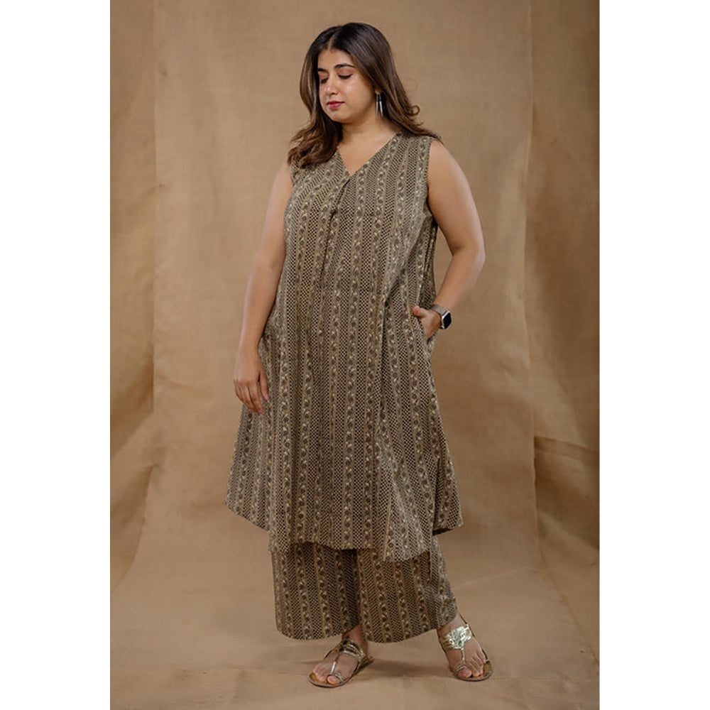 The Indian Ethnic Co. Raahi Grey Ajrakh Cotton A Line Kurta And Palazzo Co-Ord Set