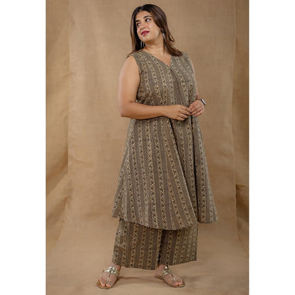 The Indian Ethnic Co. Raahi Grey Ajrakh Cotton A Line Kurta And Palazzo Co-Ord Set