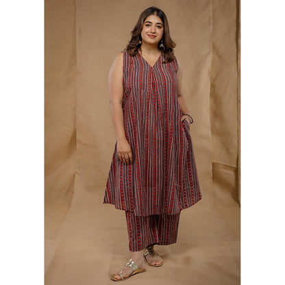 The Indian Ethnic Co. Raahi Red Ajrakh Cotton A Line Kurta And Palazzo Co-Ord Set