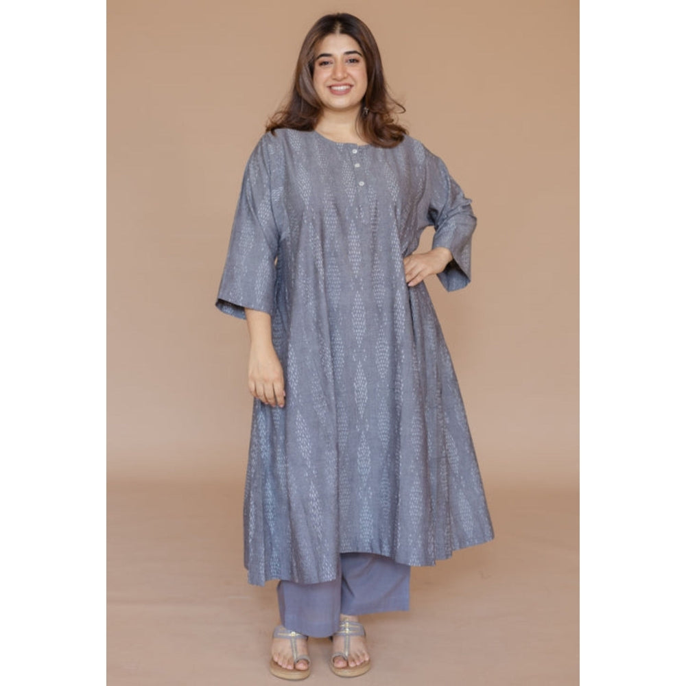 The Indian Ethnic Co. Alizah Grey Handloom Ikkat Cotton Jhabba Kali Kurta
