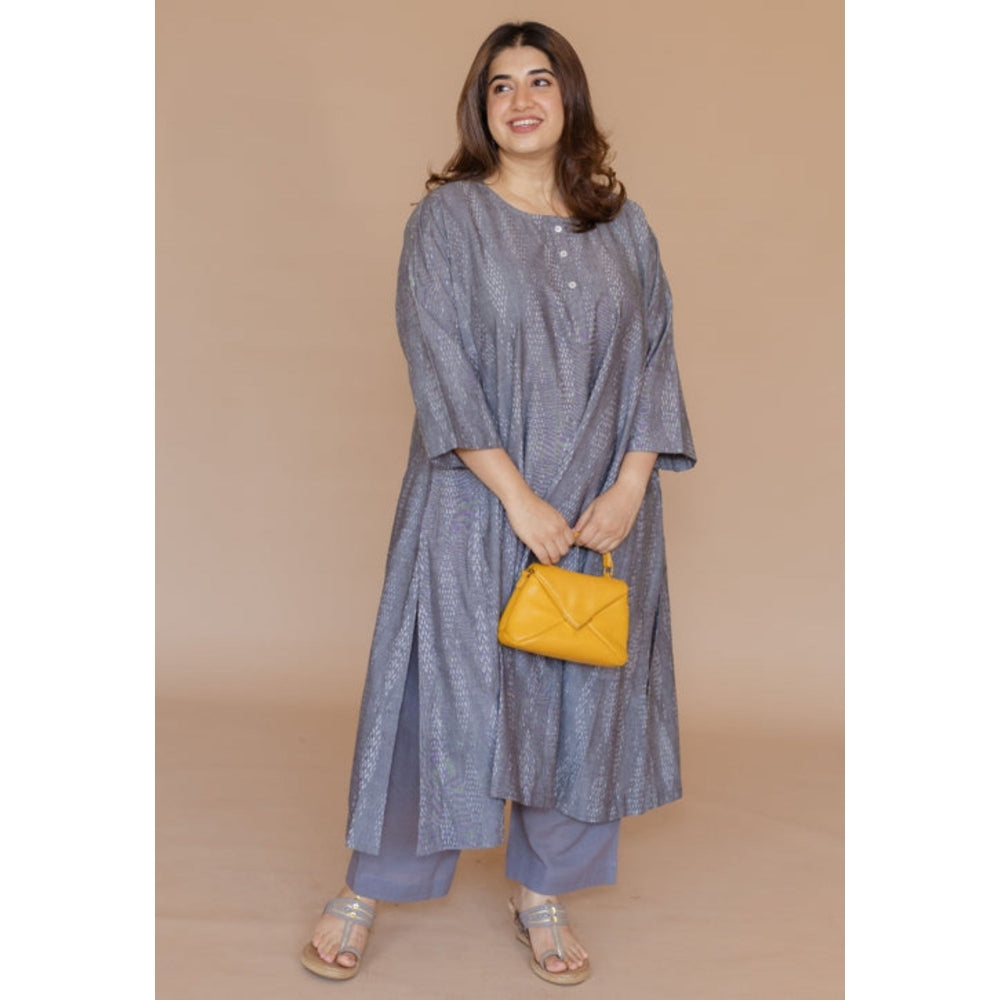 The Indian Ethnic Co. Alizah Grey Handloom Ikkat Cotton Jhabba Kali Kurta