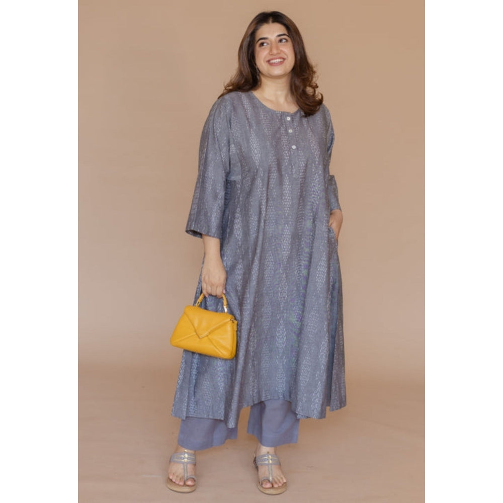 The Indian Ethnic Co. Alizah Grey Handloom Ikkat Cotton Jhabba Kali Kurta