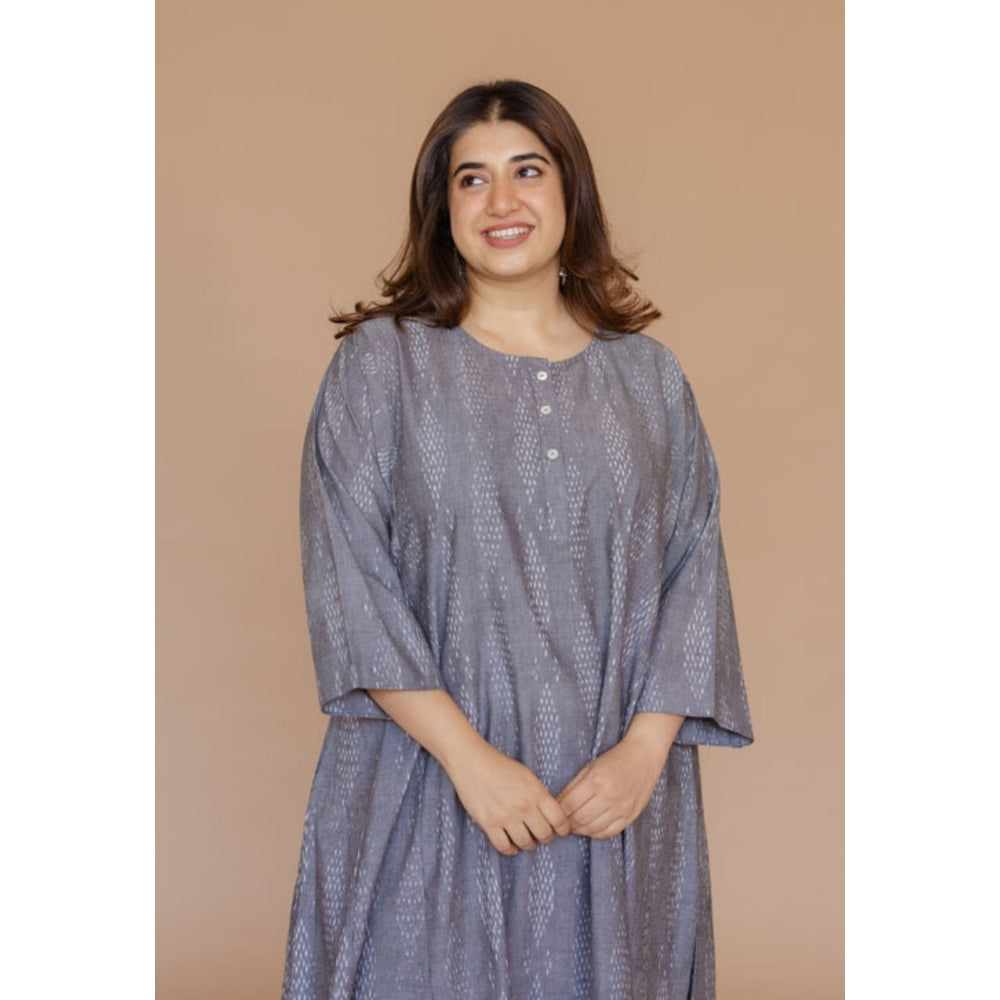 The Indian Ethnic Co. Alizah Grey Handloom Ikkat Cotton Jhabba Kali Kurta