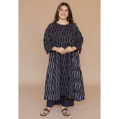 The Indian Ethnic Co. Alizah Black Handloom Ikkat Cotton Jhabba Kali Kurta