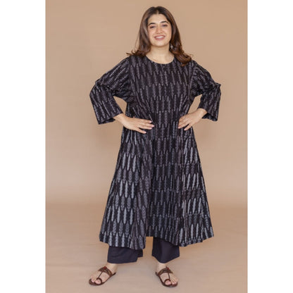 The Indian Ethnic Co. Alizah Black Handloom Ikkat Cotton Jhabba Kali Kurta