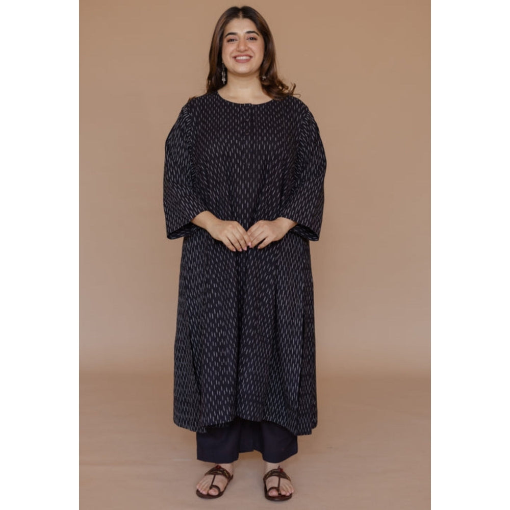 The Indian Ethnic Co. Alizah Black Handloom Ikkat Cotton Jhabba Kali Kurta