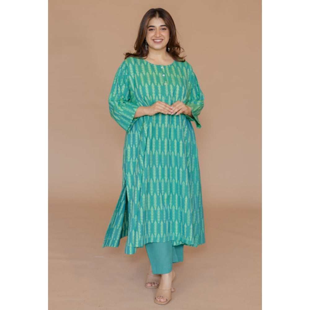 The Indian Ethnic Co. Alizah Green Handloom Ikkat Cotton Jhabba Kali Kurta