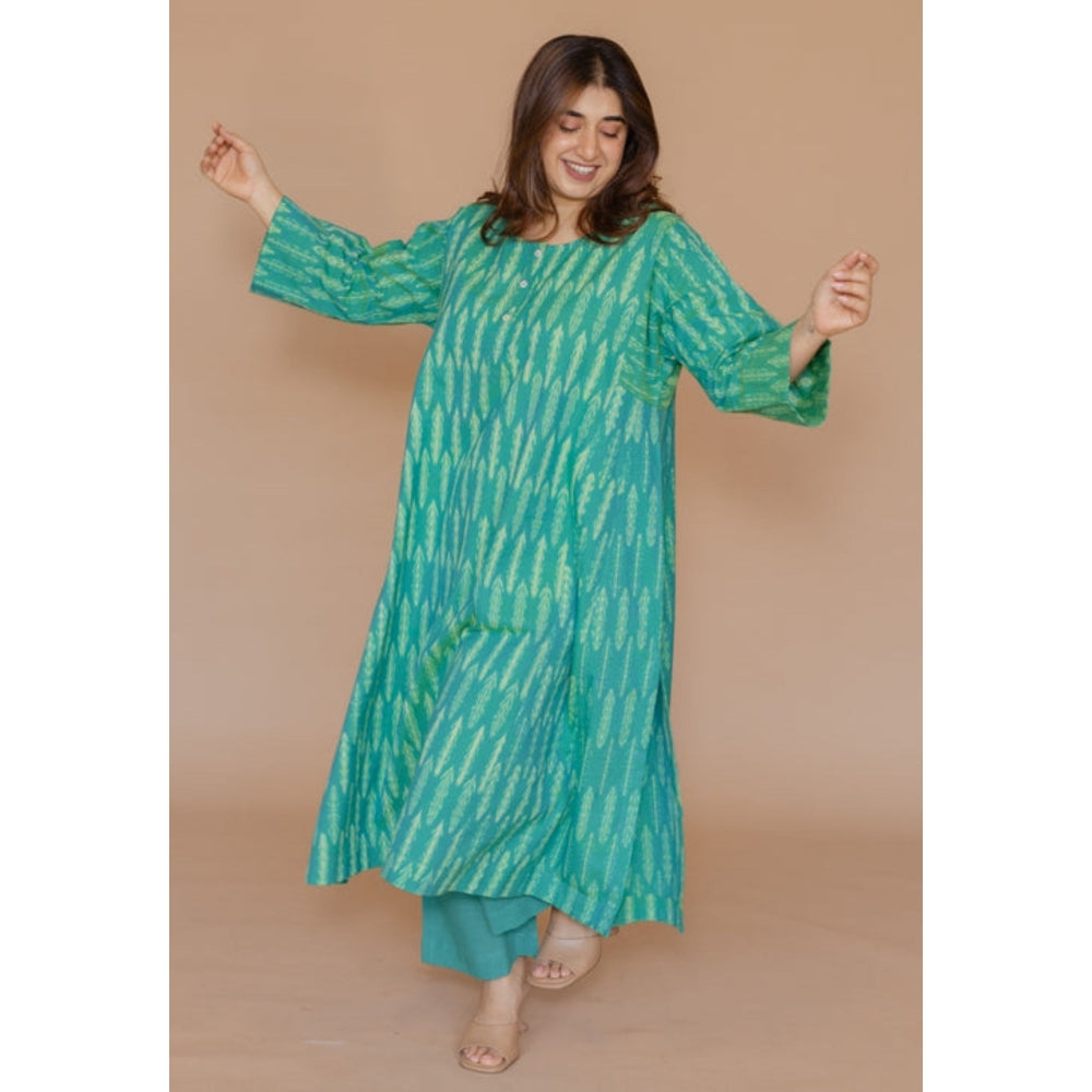 The Indian Ethnic Co. Alizah Green Handloom Ikkat Cotton Jhabba Kali Kurta
