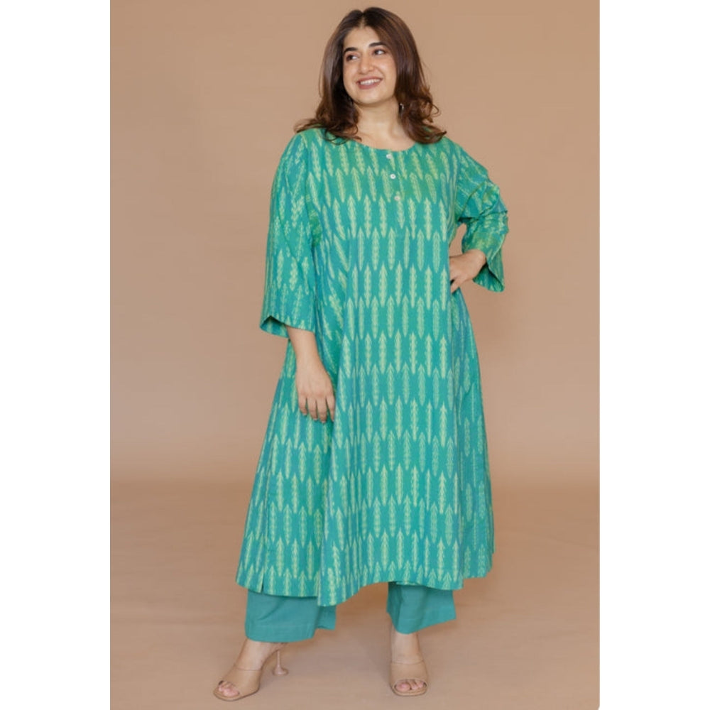 The Indian Ethnic Co. Alizah Green Handloom Ikkat Cotton Jhabba Kali Kurta