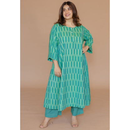 The Indian Ethnic Co. Alizah Green Handloom Ikkat Cotton Jhabba Kali Kurta